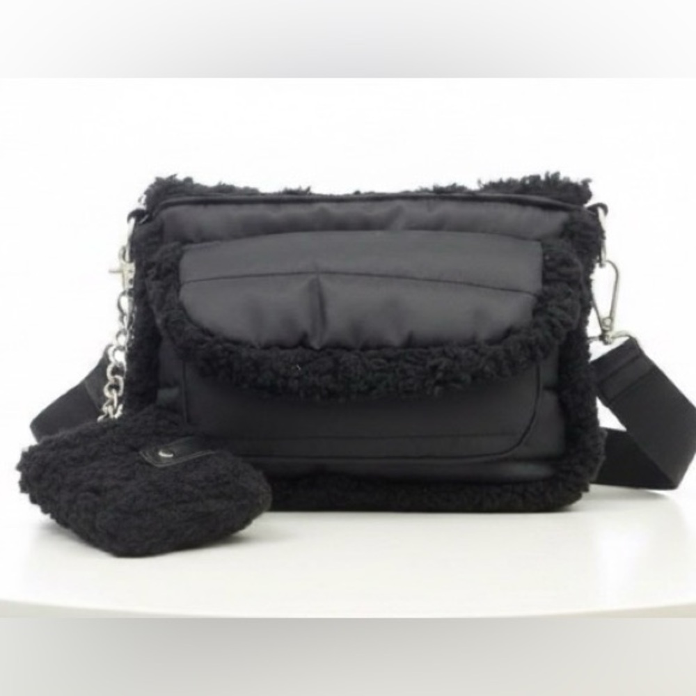 Aspen Quilted Nylon Black Faux Shearling Sherpa Crossbody Bag with Pouch Wallet
